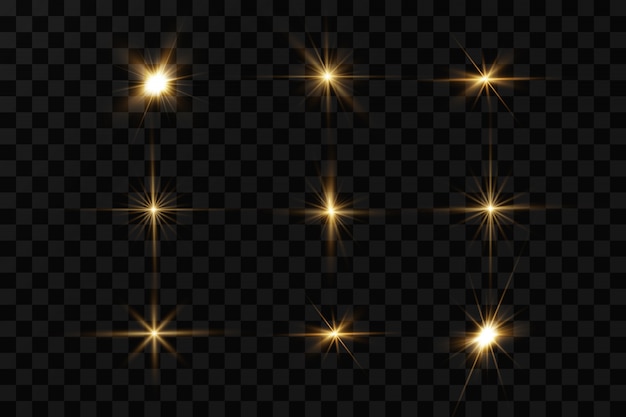 Сияющие золотые звезды, изолированные на черном фоне. эффекты, блики, линии, блеск, взрыв, золотой свет.