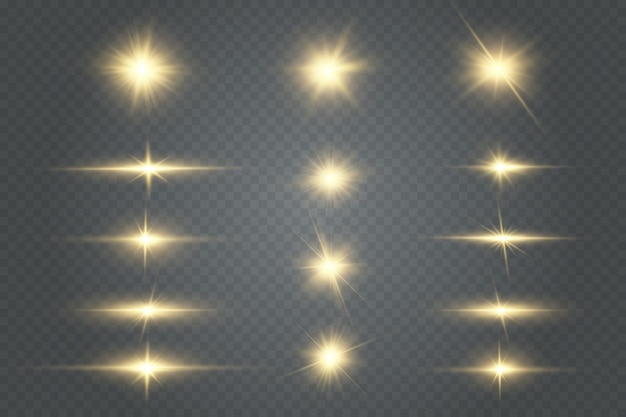 Shining golden stars. Light effects, glare, bokeh, glitter, explosion, golden light. Vector