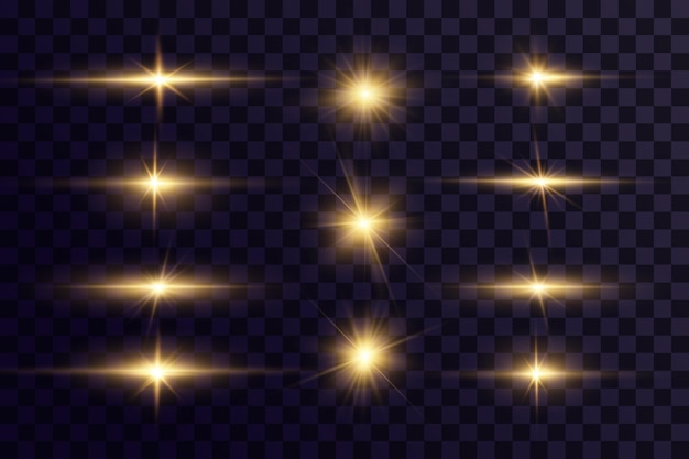 Shining golden stars. Light effects, glare, bokeh, glitter, explosion, golden light. Vector