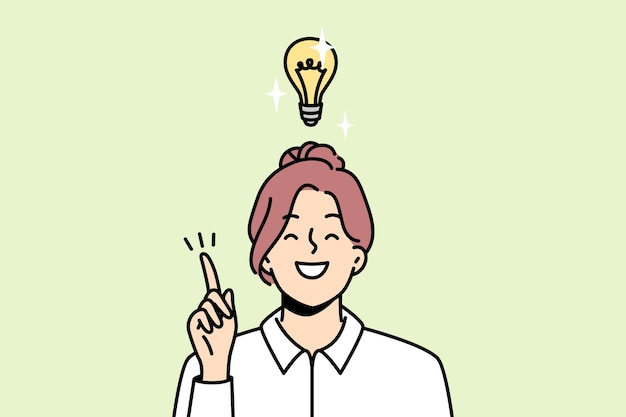 Vector shining light bulb over head of smiling smart girl