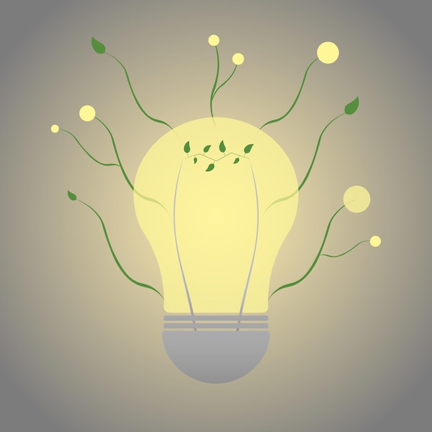 Сияющая лампочка с логотипом векторного изображения зеленых листьев