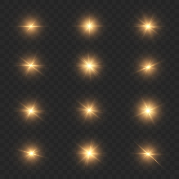 Vector shining light effects isolated on dark background glare lines golden light particles