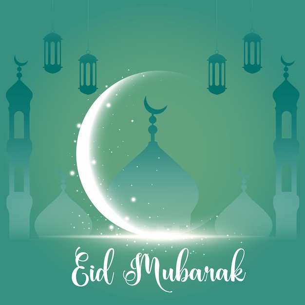 Shining Moon With Green Mosque Background For Eid Mubarak Wishes Vector Image