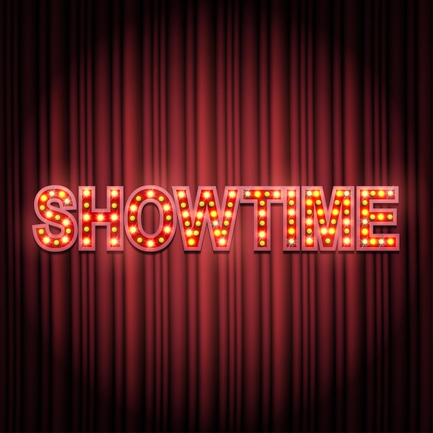 Vector shining retro sign showtime banner on curtain. vector illustration