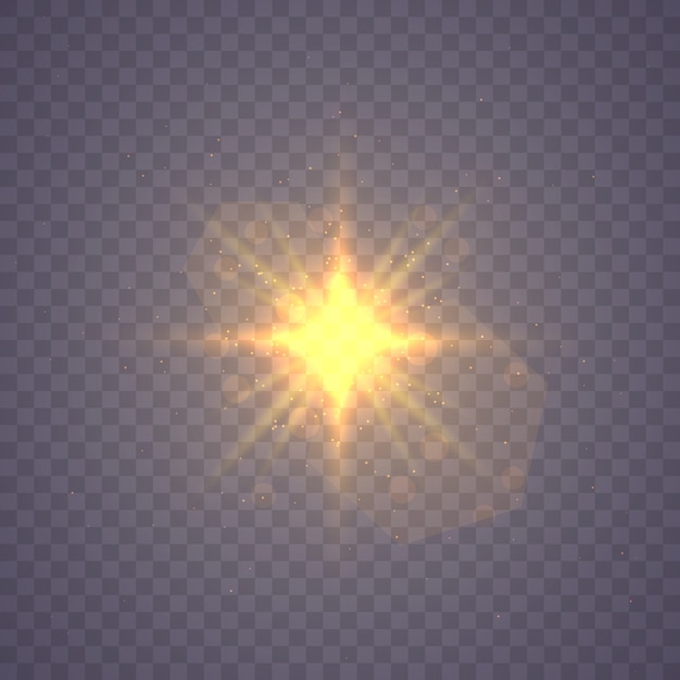 빛나는 별, 태양 입자 및 하이라이트 효과로 불꽃