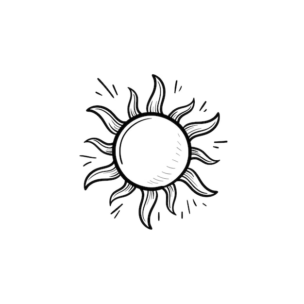 Icona di doodle di contorni disegnati a mano sole splendente. tempo estivo e luce solare, calore e concetto di sole