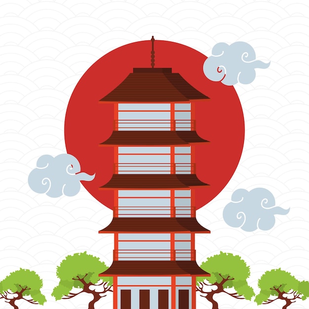 Shinto-torenillustratie met bomen en wolken