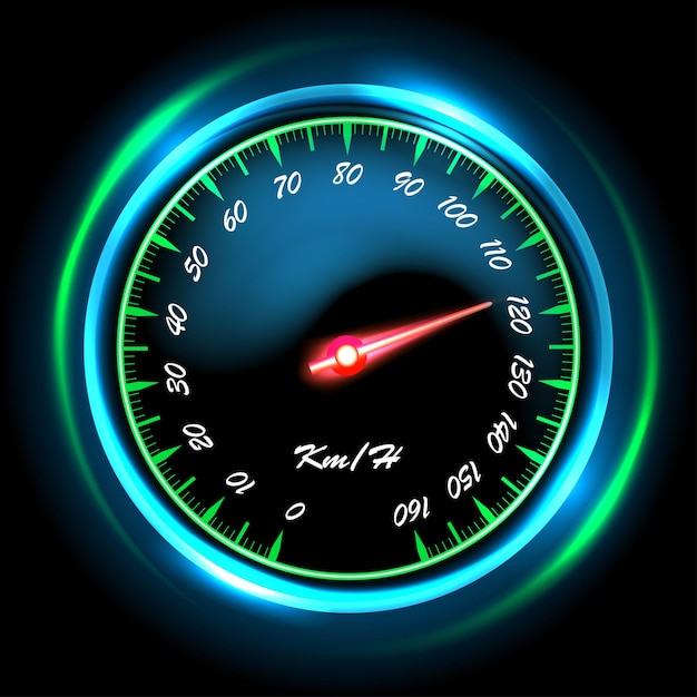 Vector shiny car speedometer with red arrow and glowing flame