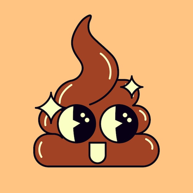 Shiny cartoon poop emoji in 80s style illustration vector flat icon design