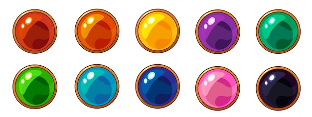 Shiny colorful round gem with golden frame set for mobile game interface