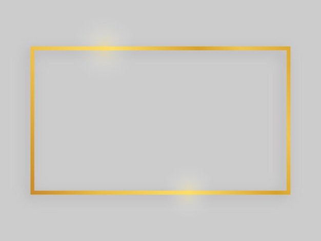 Shiny frame with glowing effects. gold rectangular frame with shadow on grey background. vector illustration
