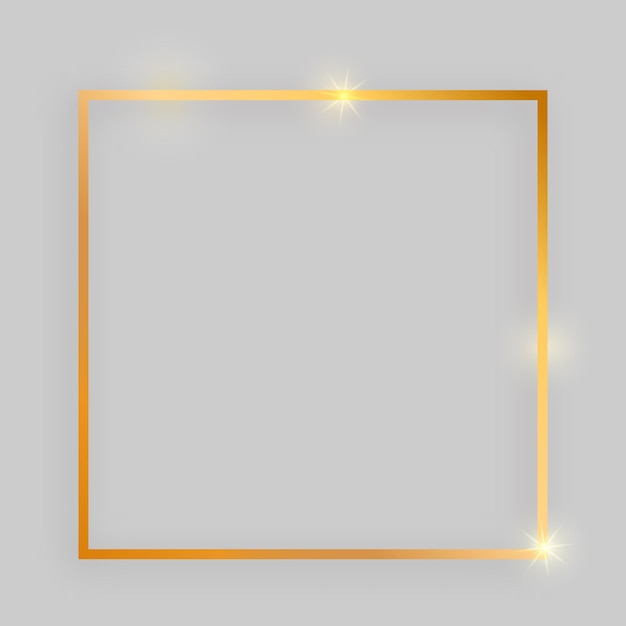 Vector shiny frame with glowing effects. gold square frame with shadow on grey background. vector illustration