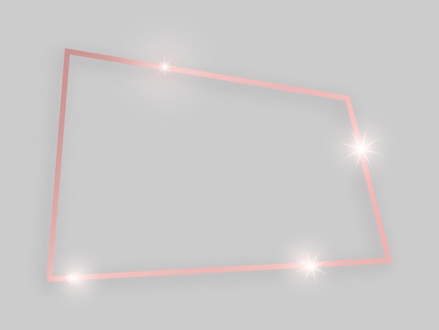 Shiny frame with glowing effects. Rose gold quadrangular frame with shadow on grey background. Vector illustration