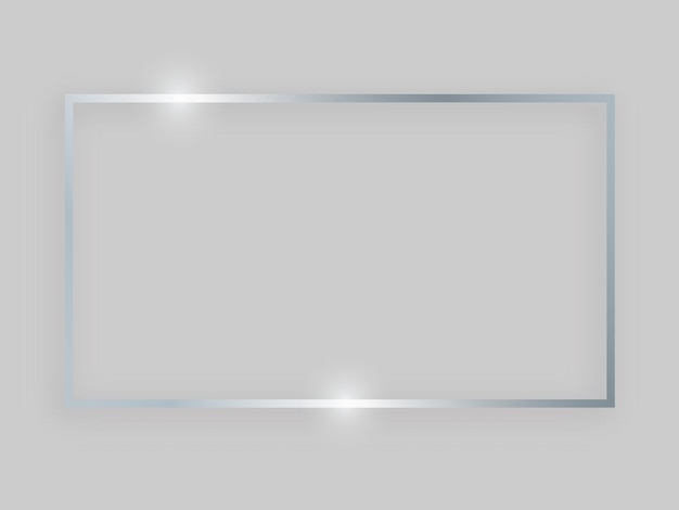 Vector shiny frame with glowing effects. silver rectangular frame with shadow on grey background. vector illustration