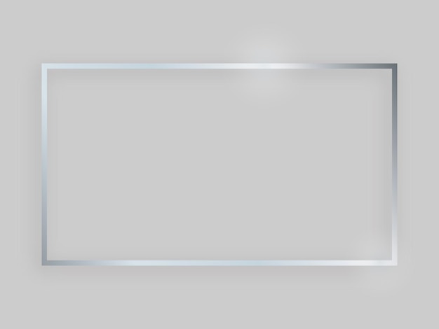 Блестящая рамка со светящимися эффектами. Серебряная прямоугольная рамка с тенью на сером фоне. Векторная иллюстрация