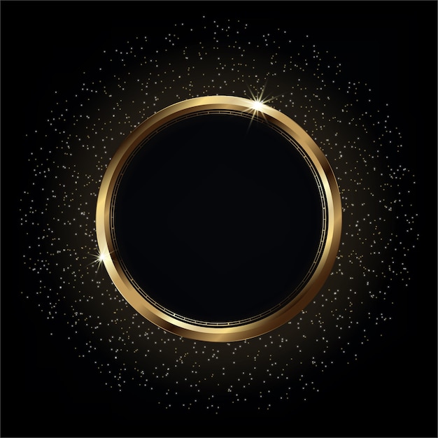 Shiny gold circle frame on luxury glowing black background with bright lights and golden sparkles