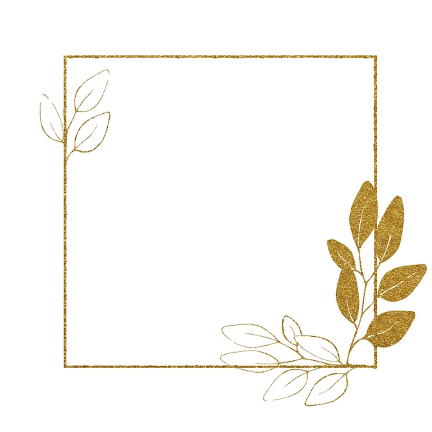 shiny gold frame square frame with golden eucalyptus leaves minimalistic vintage design