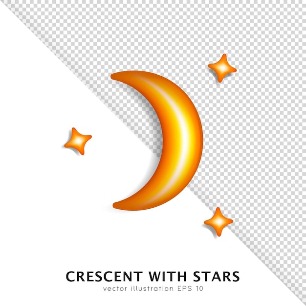 Shiny golden 3D crescent with little stars. Glossy cartoon yellow crescent moon