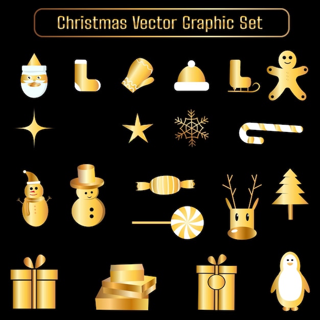 Shiny golden christmas theme vector graphic objects on black background