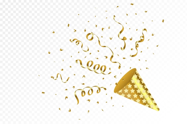 Shiny golden confetti and ribbon explode from a party popper on a white background Confetti Tinsel