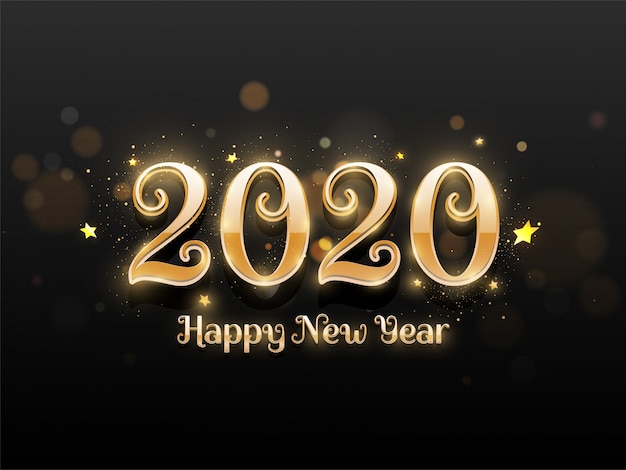 黒いボケぼかしの星で飾られた2020年新年あけましておめでとうございますの光沢のある黄金のテキスト。