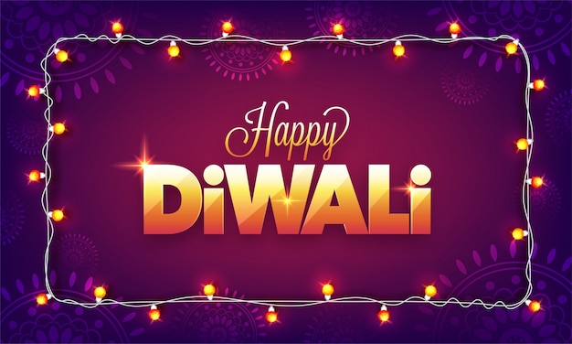 Vector shiny golden text happy diwali decorated with bunting lights.