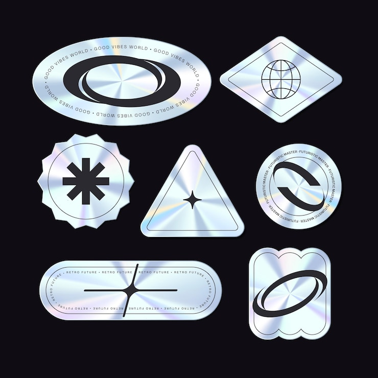 Vector shiny iridescent futuristic holographic sticker label design