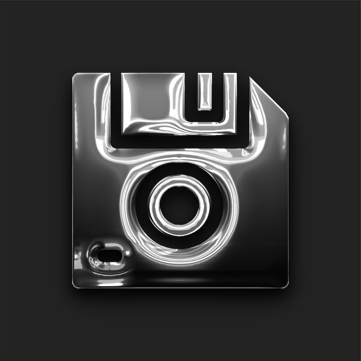 Vector shiny metallic silver save icon with black backdrop