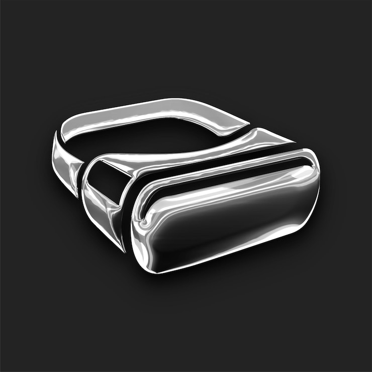Vector shiny metallic silver vr headset icon with black backdrop