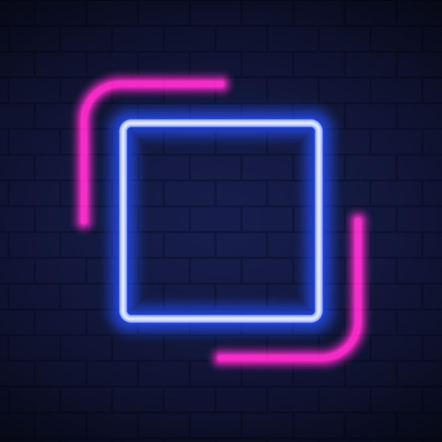 Vettore cornici al neon lucide su sfondo di muro di mattoni scuri mockup di lampada al neon blu e rosa sul muro