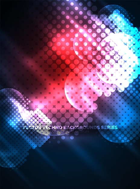 Shiny neon glowing circles dot particles structure vector digital technology abstract background backdrop for techno presentation or web banner template