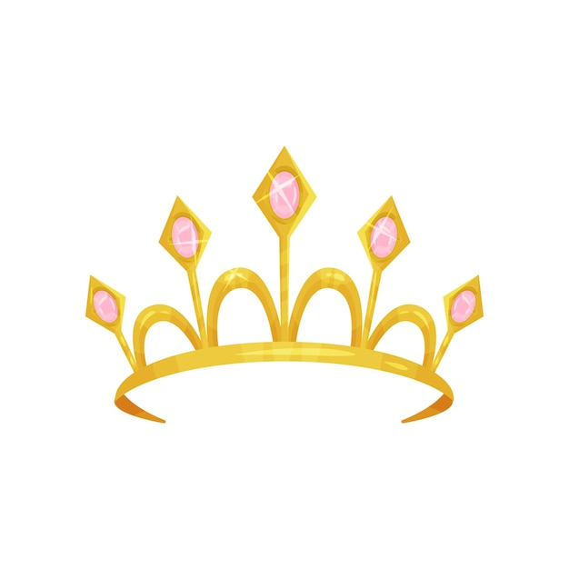 Shiny princess tiara decorated with five precious pink stones golden queen crown royal attribute woman s head accessory colorful flat vector icon