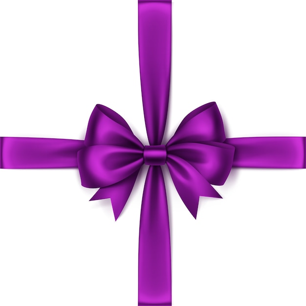 Vector shiny purple violet satin bow and ribbon top view close up isolated