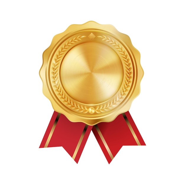 Shiny realistic empty gold award medal with red ribbon rosettes on white background Symbol of winners and achievements