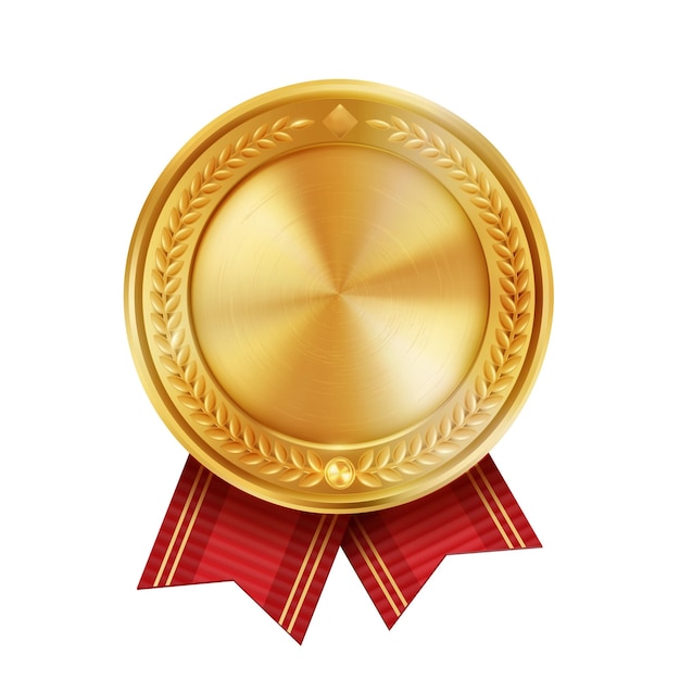 Блестящая реалистичная пустая золотая медаль с розетками из красной ленты на белом фоне Символ победителей и достижений