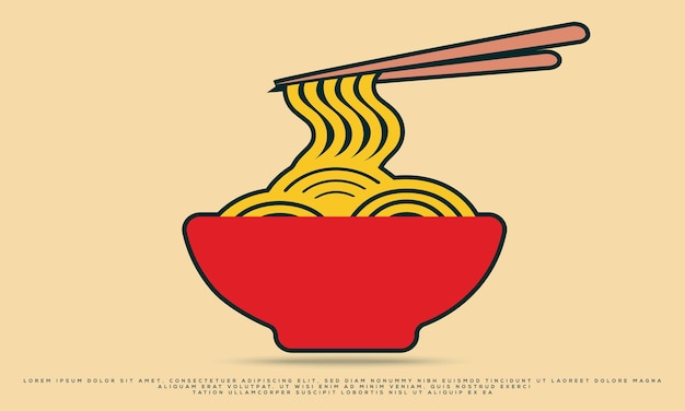 Vector shiny red bowl with noodles logo illustration, oriental noodle food, asian noodles cartoon vector