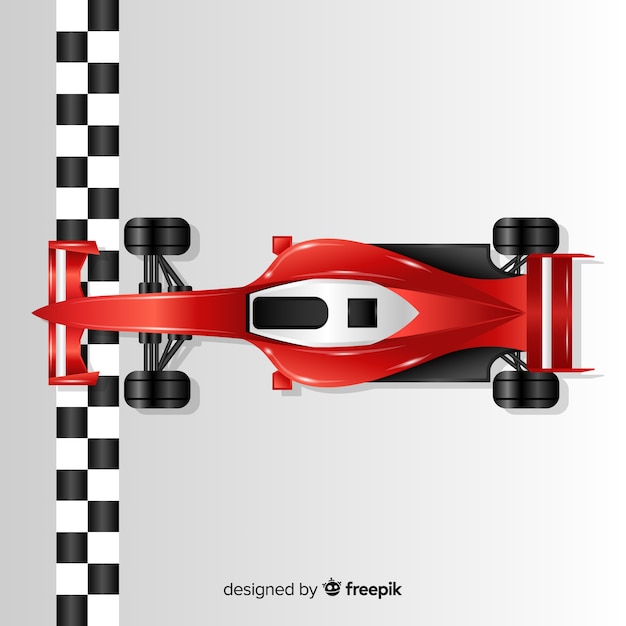 Shiny red f1 racing car crosses finish line