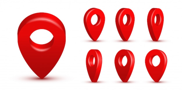 Shiny red realistic map pins set, 3d pointers isolated. Location symbols in various angles