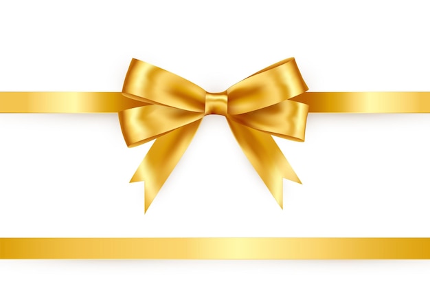 Shiny satin ribbon on white background. Paper bow gold color. Vector decoration for gift card and discount voucher.