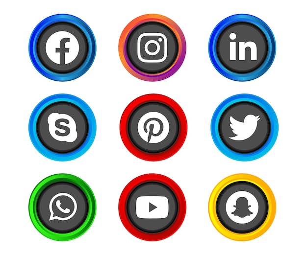 Vettore cornice argento lucido pulsante icona social media di facebook instagram linkedin skype pinterest twitter whatsapp youtube e snapchat con effetto sfumato impostato per ux ui uso online