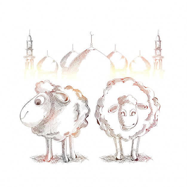 Shiny sketch of goats and mosque for eid-al-adha.