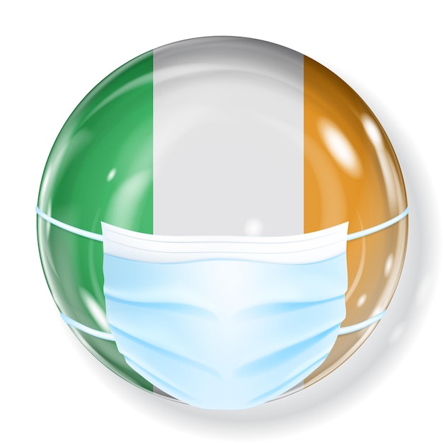Shiny sphere in the Ireland flag colors with a medical mask for protection from coronavirus