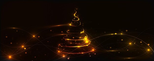 Shiny spiral golden christmas tree with stars and glittering particles abstract shiny glowing wave