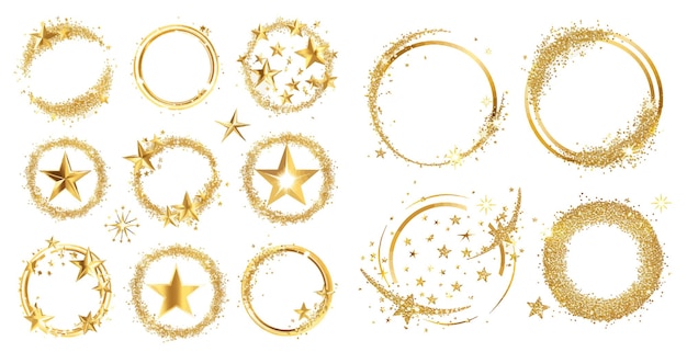 Vector shiny star circle frame starry glitter stamp and round magic twinkle stars trace