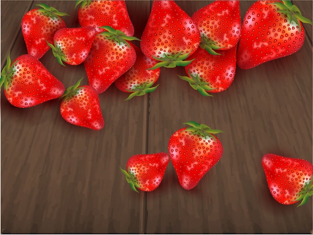 Vector shiny strawberries on wooden brown background.