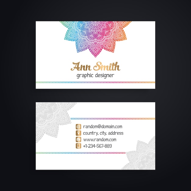 Shiny white business card with colorful mandala