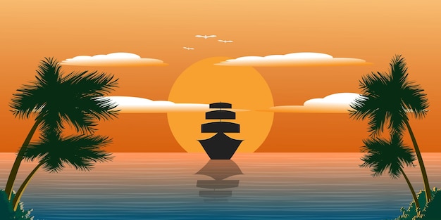 Корабль приближается к берегу при заходе солнца