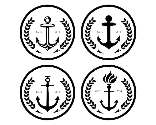 Vector ship and boat helm steering wheel with anchor above the wave water ocean logo symbol