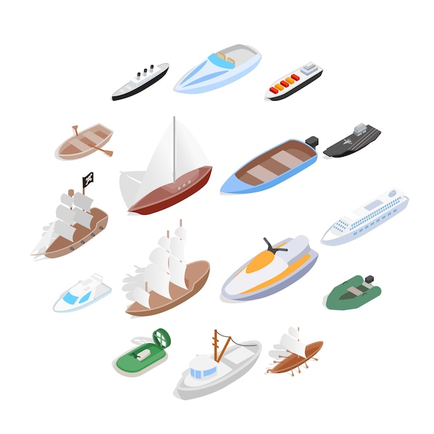 Ship and boat icons set, isometric 3d style