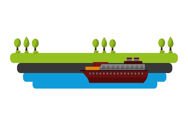 ship boat in sea with landscape vector illustration design
